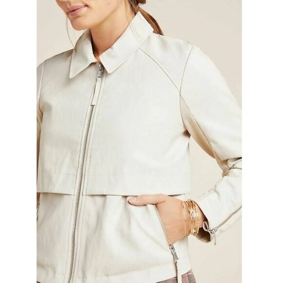 Anthropologie Anorak Jacket Crop Womens Extra Large Ivory Faux Leather Back Knit - Picture 9 of 11